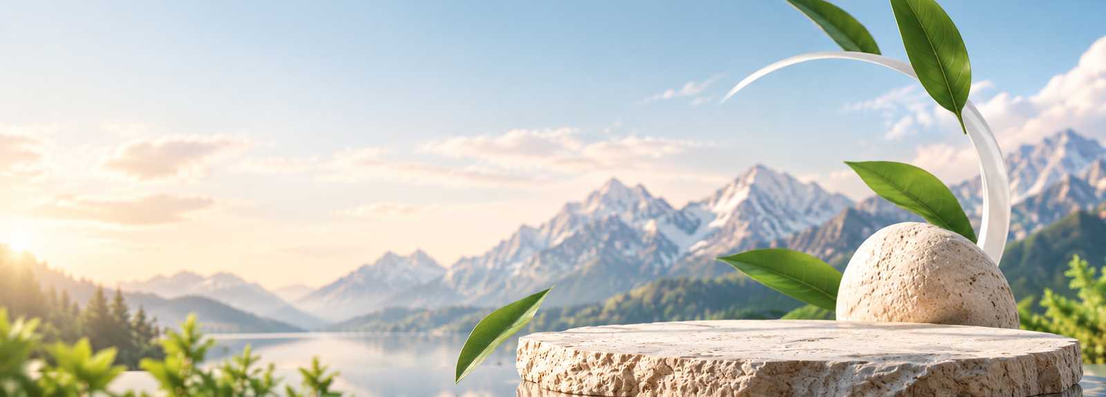 Botanical wellness setting beside a mountain lake